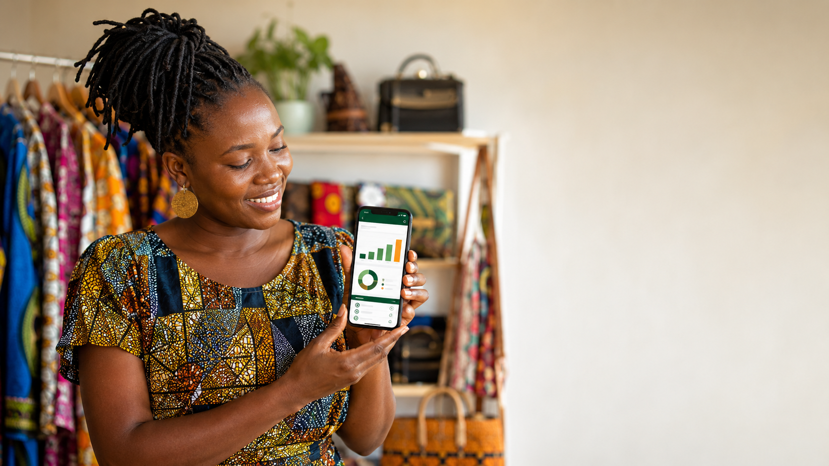 Une commerçante suit son activité Lummo depuis son téléphone